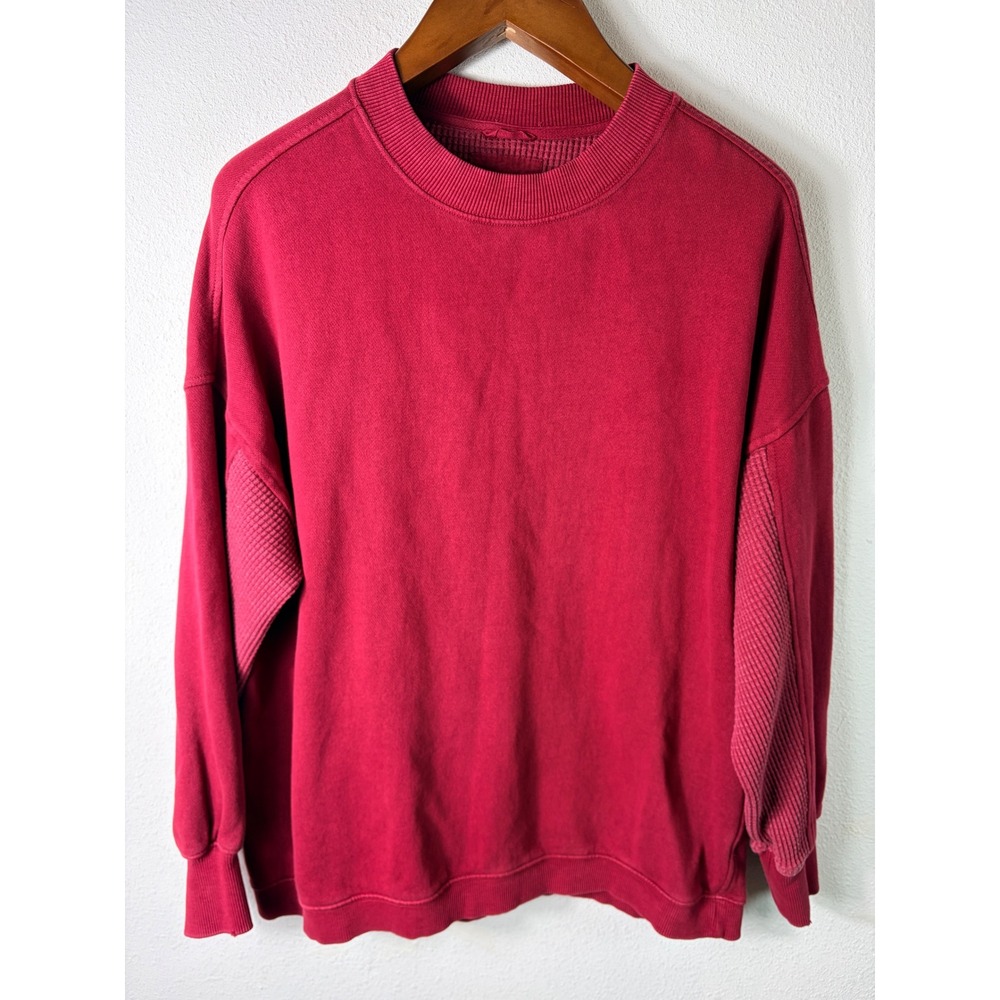 Aerie Women Sweatshirt Red Small Oversized Waffle Knit Contrast Crewneck Cozy